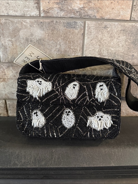 Sol And Mer Handbags - Beaded Black Ghost Motif Shoulder Bag
